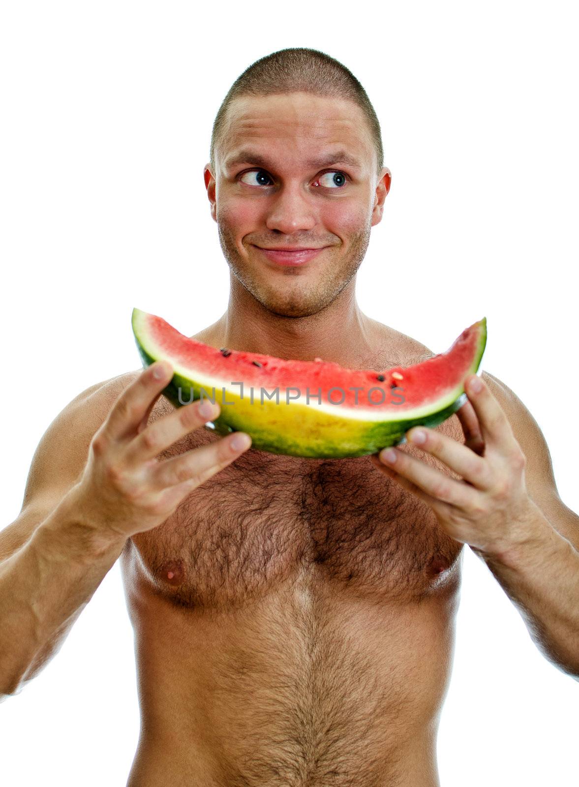 Muscular man holding watermelon. Isolated on white