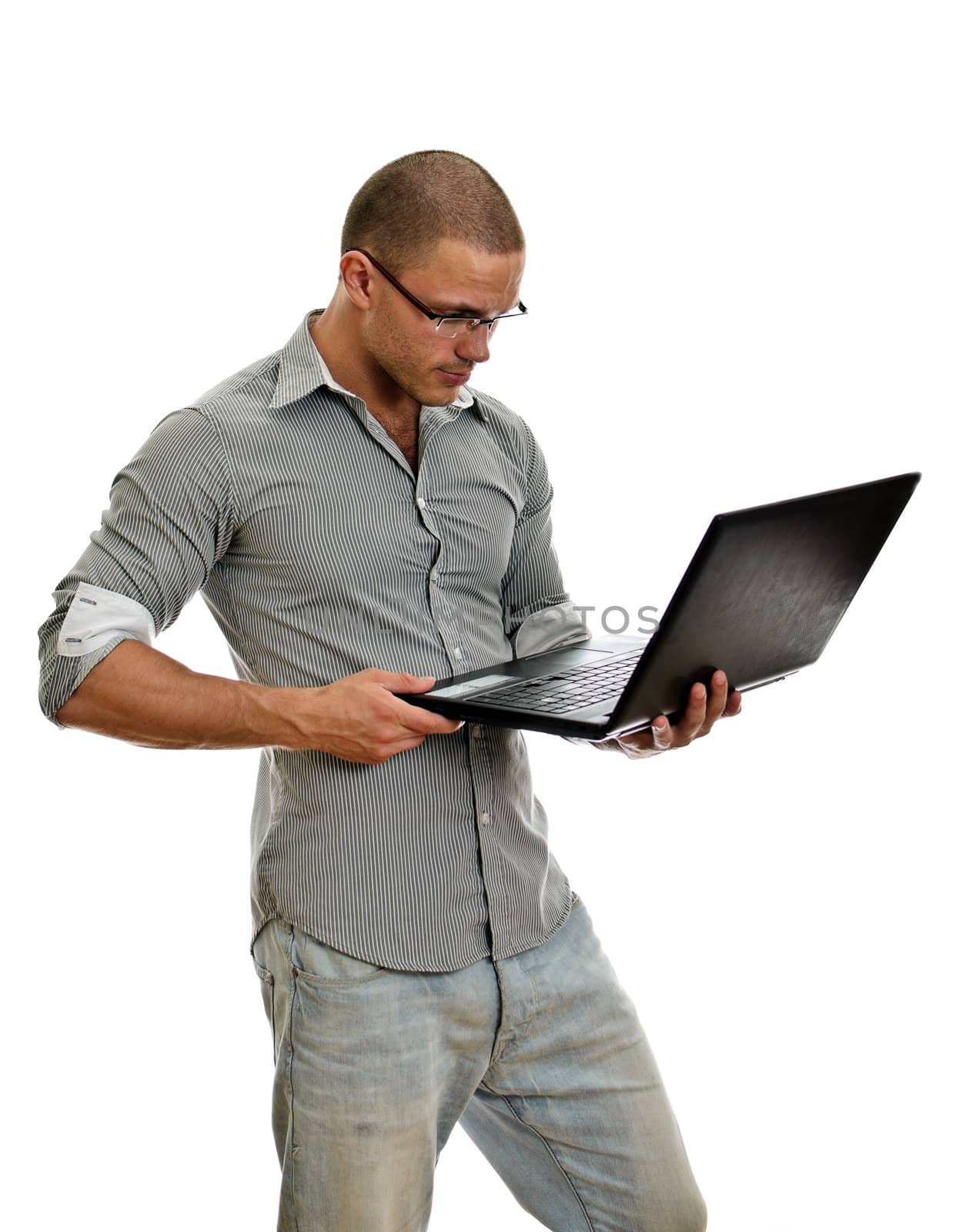 Young man wih laptop. Isolated on white background.
