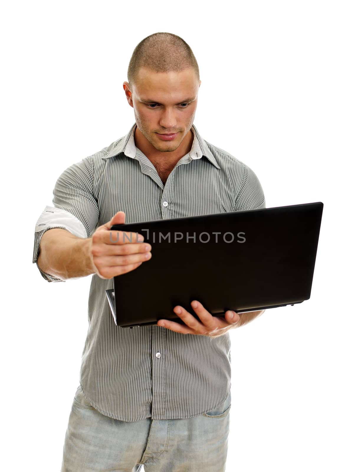 Young man wih laptop. Isolated on white background.