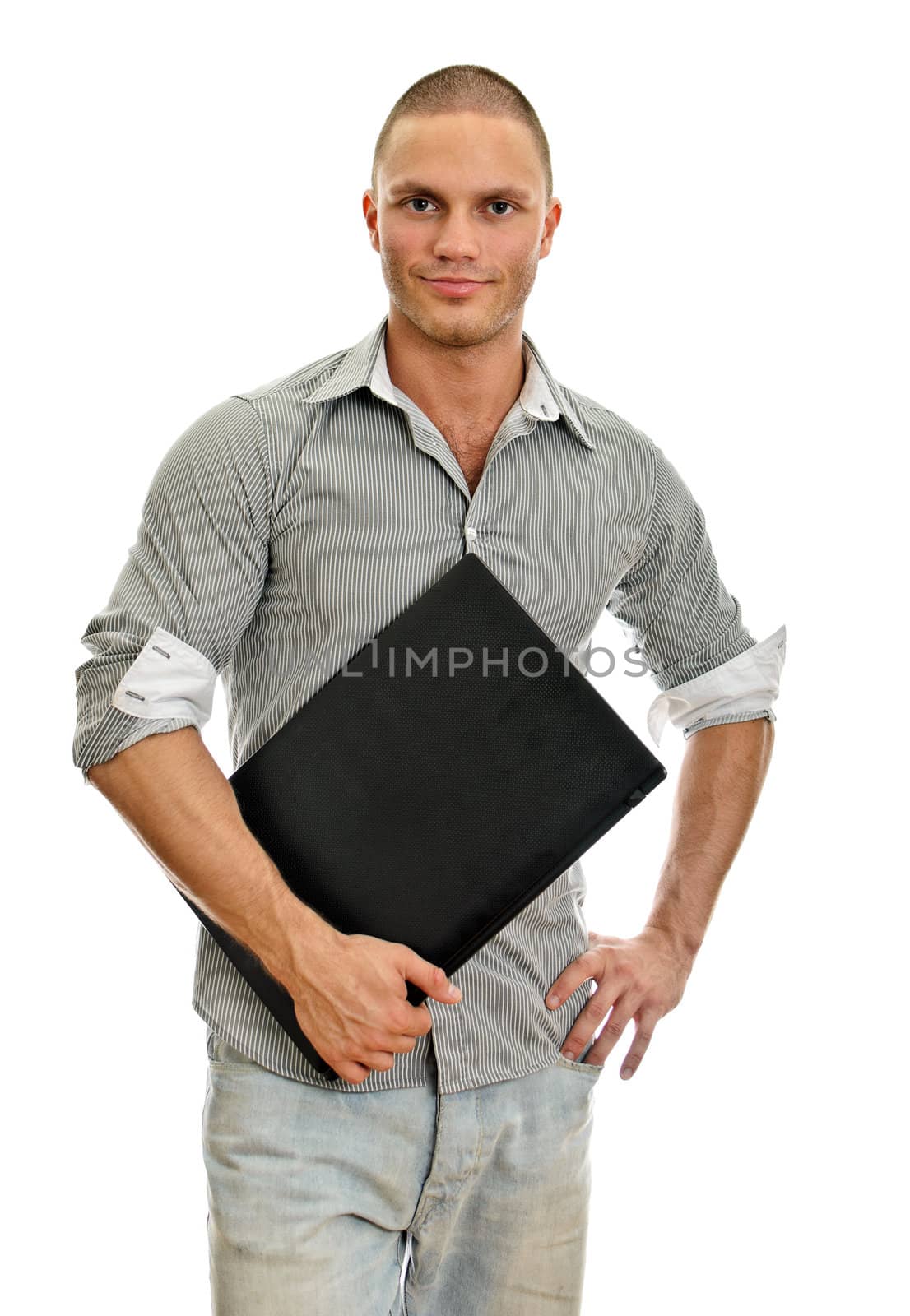 Young man wih laptop. Isolated on white background.