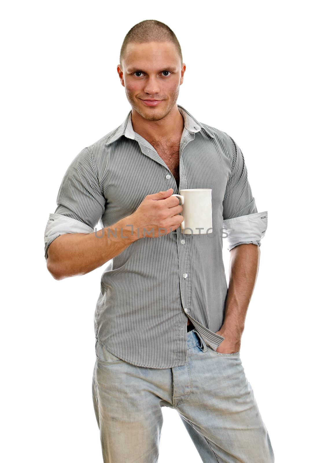 Man with cup of tea. Isolated on white.