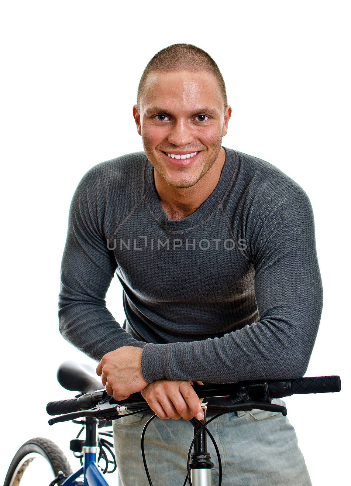 Sporty male with bicycle. Isolated on white.