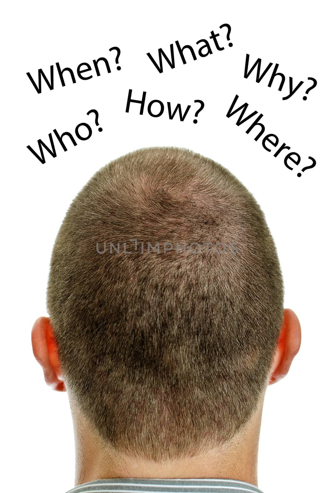 Closeup of mans head with questions. Isolated on white.