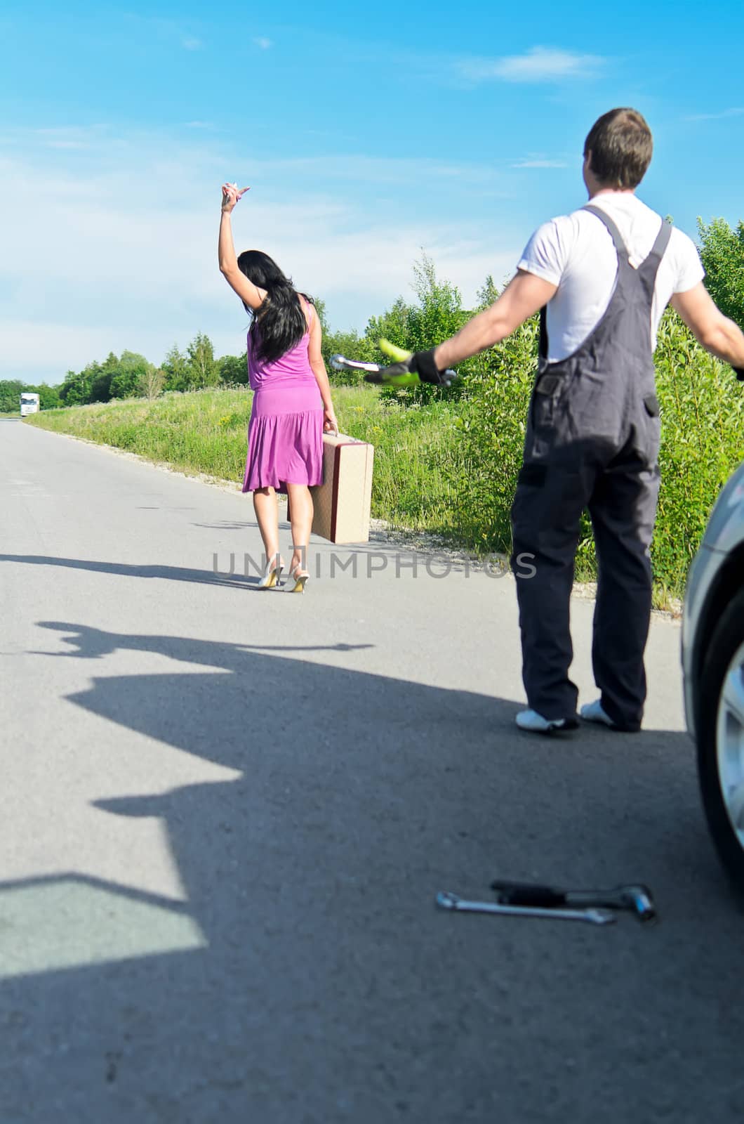 Wonam is leaving mechanic alone near the broken car. by dmitrimaruta
