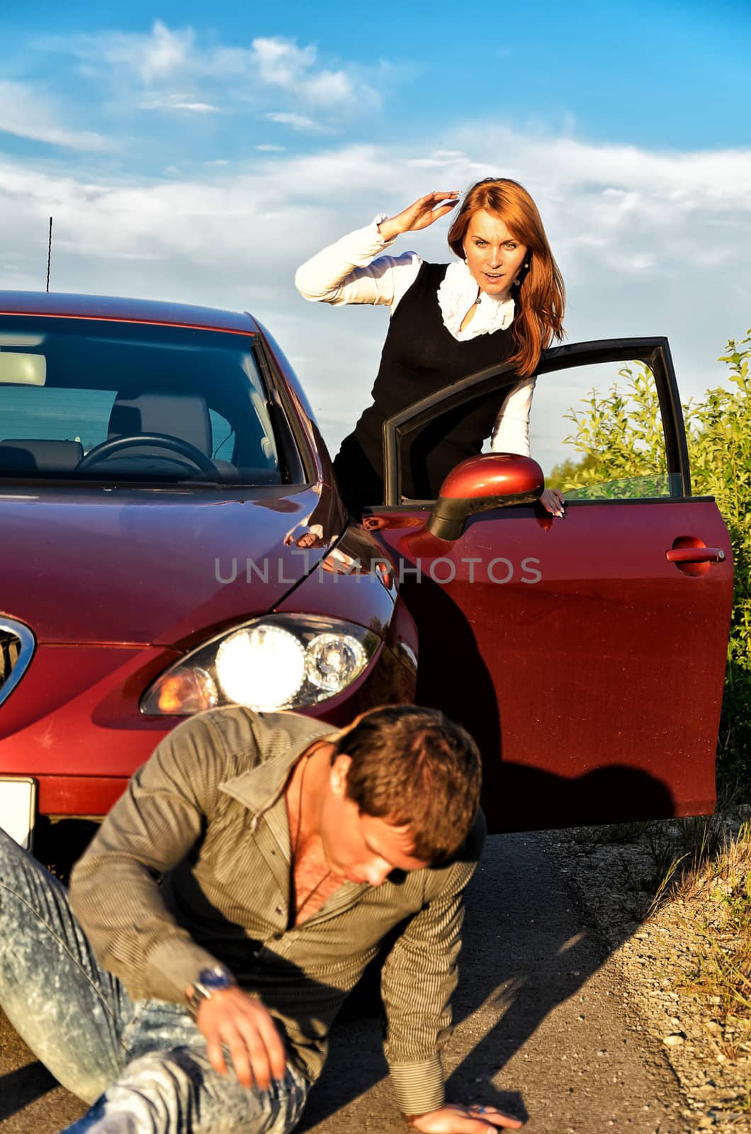 Young girl knocked down a man on a road