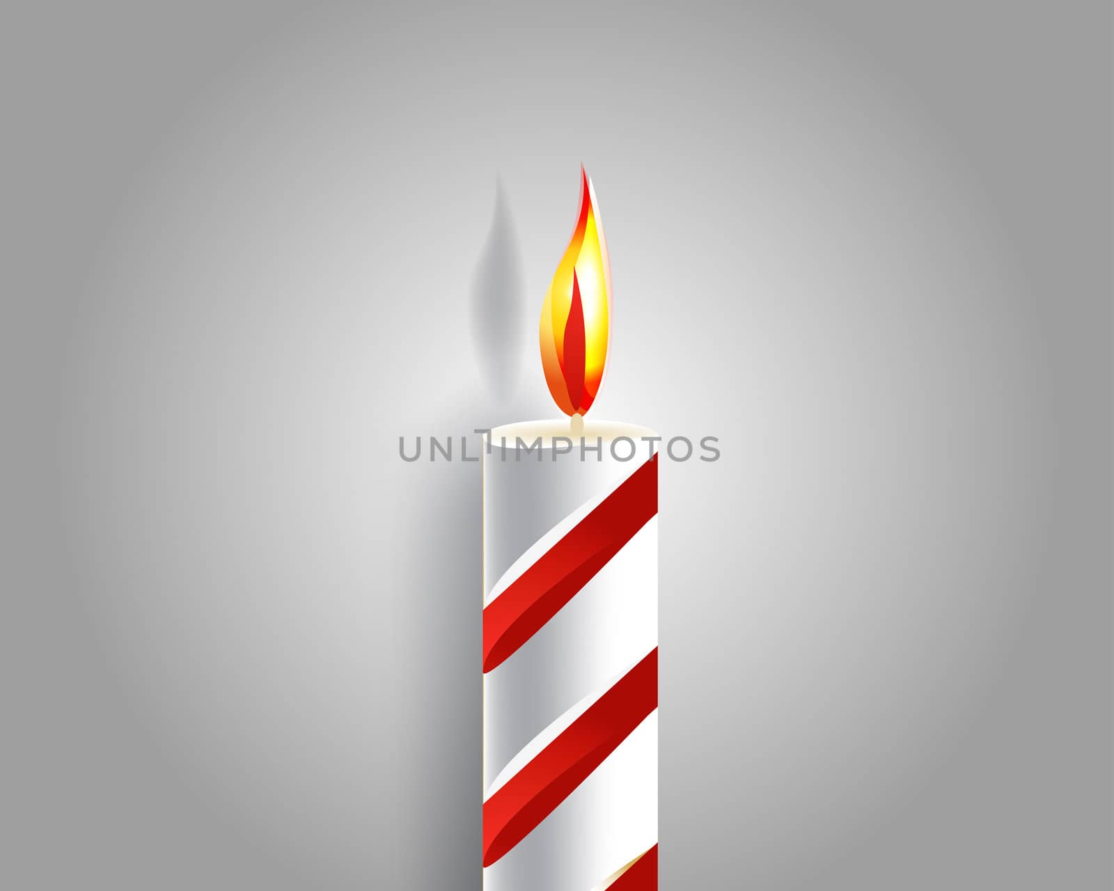 burning candle and shadow on gray background