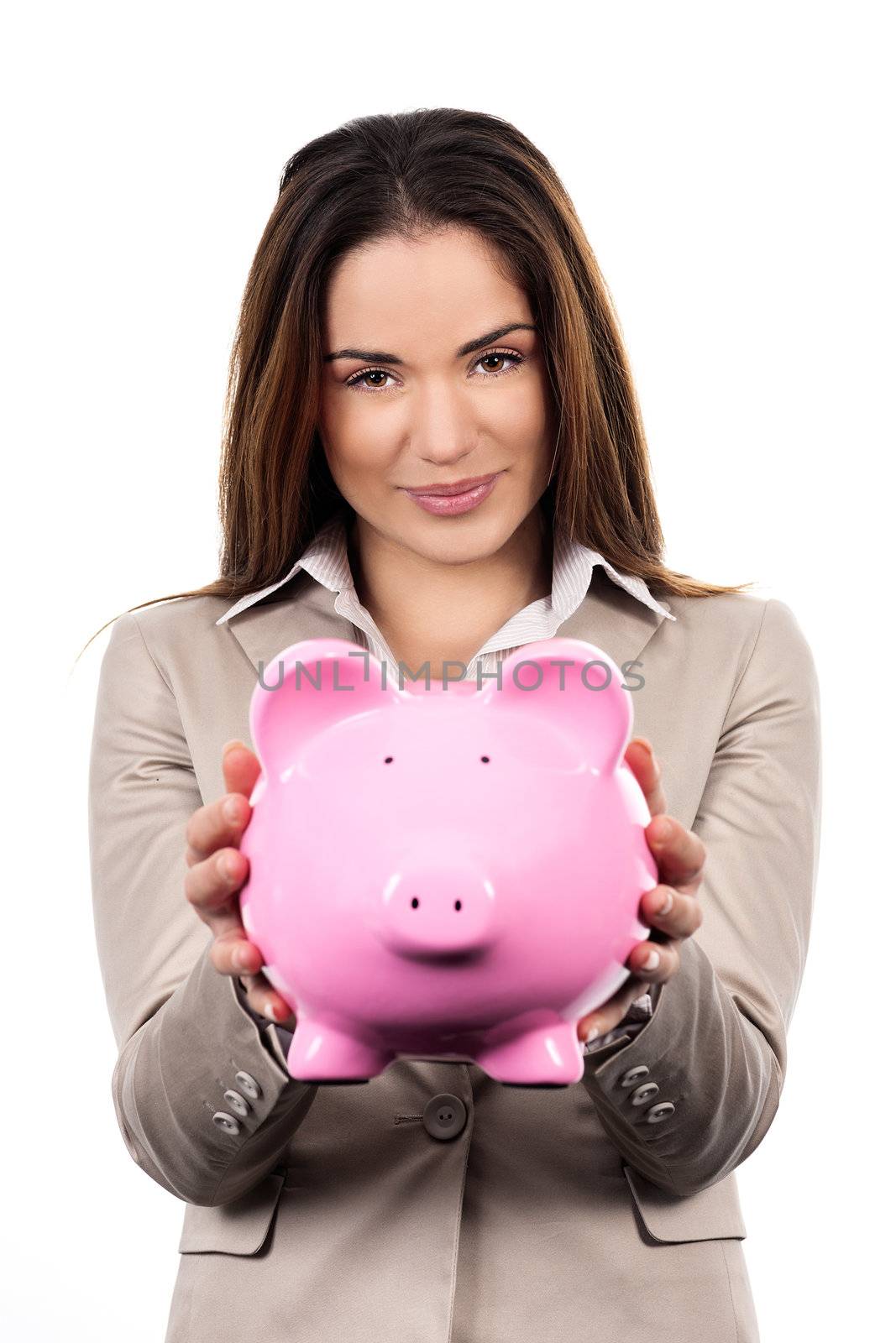 Cute woman with piggy bank by vwalakte