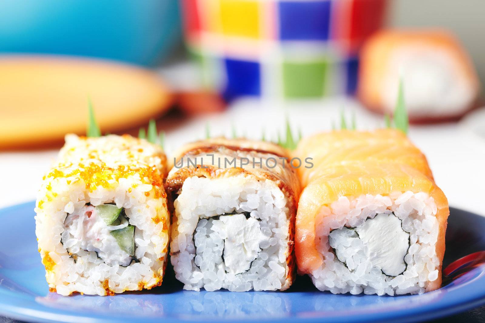 Close-up photo of sushi on plate. Shallow depth of field for natural view