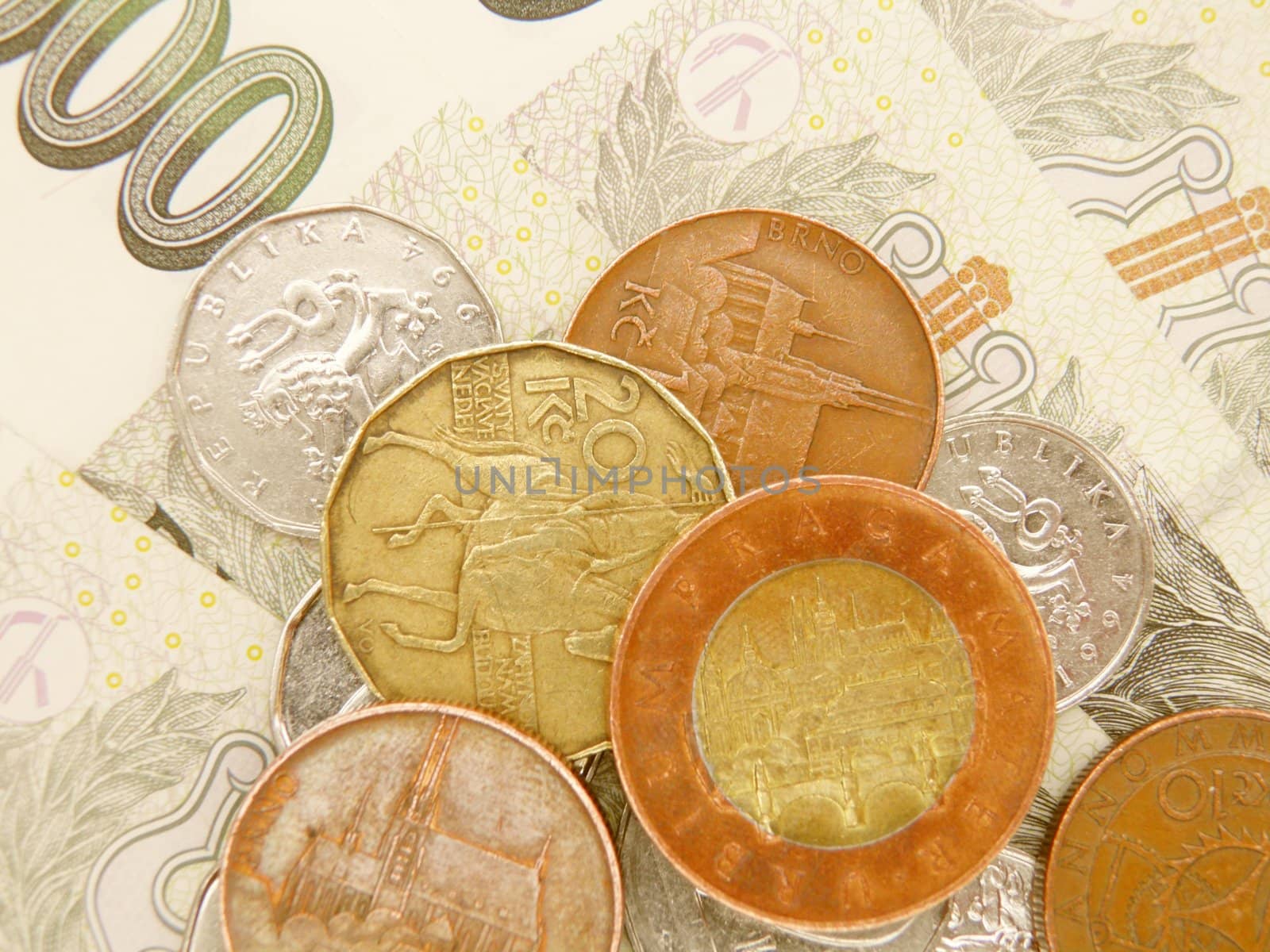 Czech korunas CZK (legal tender of the Czech Republic) banknotes and coins