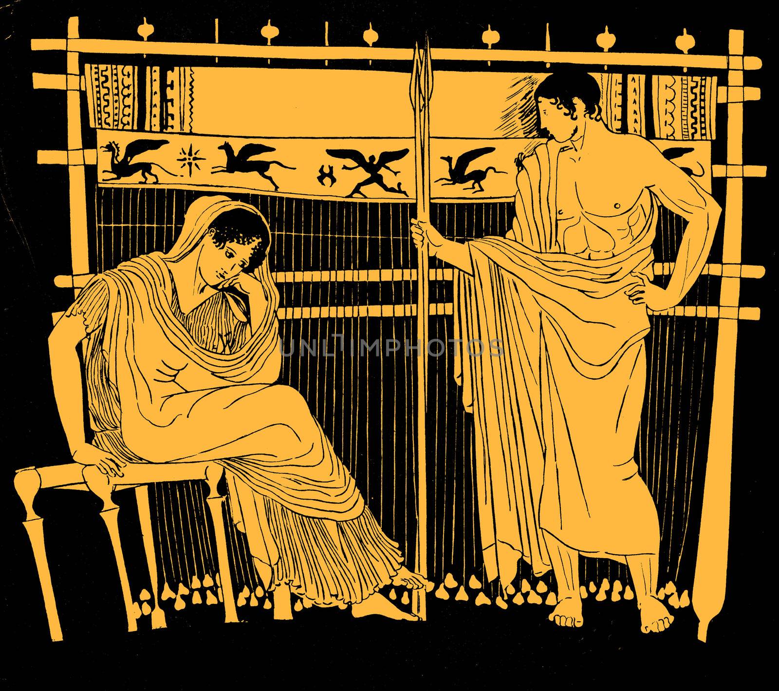 Penelope resting by the loom with a male figure (Telemachus?) - illustration based on a 5th Century BC clay pot from Greece