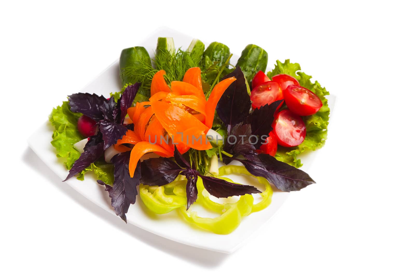 mixed vegetables on a white background on a plate lined with