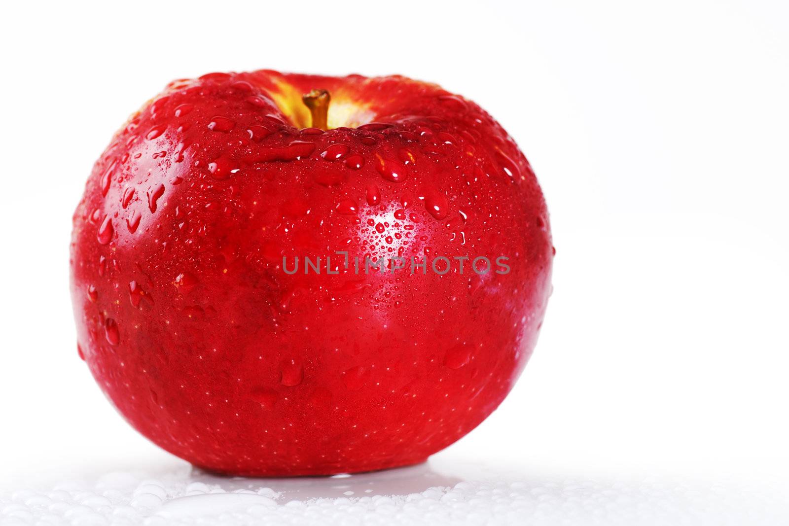 Beautiful studio shot of a fresh and wet red apple with water droplets dripping off it over white, perfect nutrition or diet background.