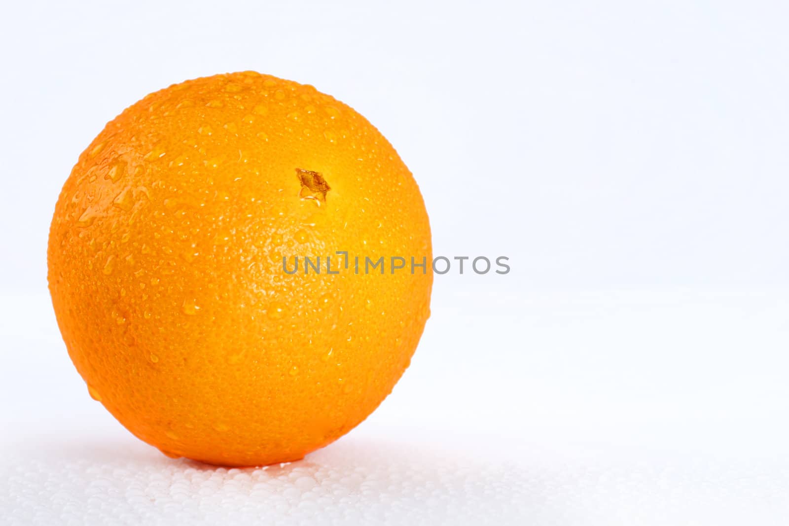 Beautiful studio shot of a fresh and wet orange looking delicious, with water droplets dripping off it over white, perfect nutrition or diet background.