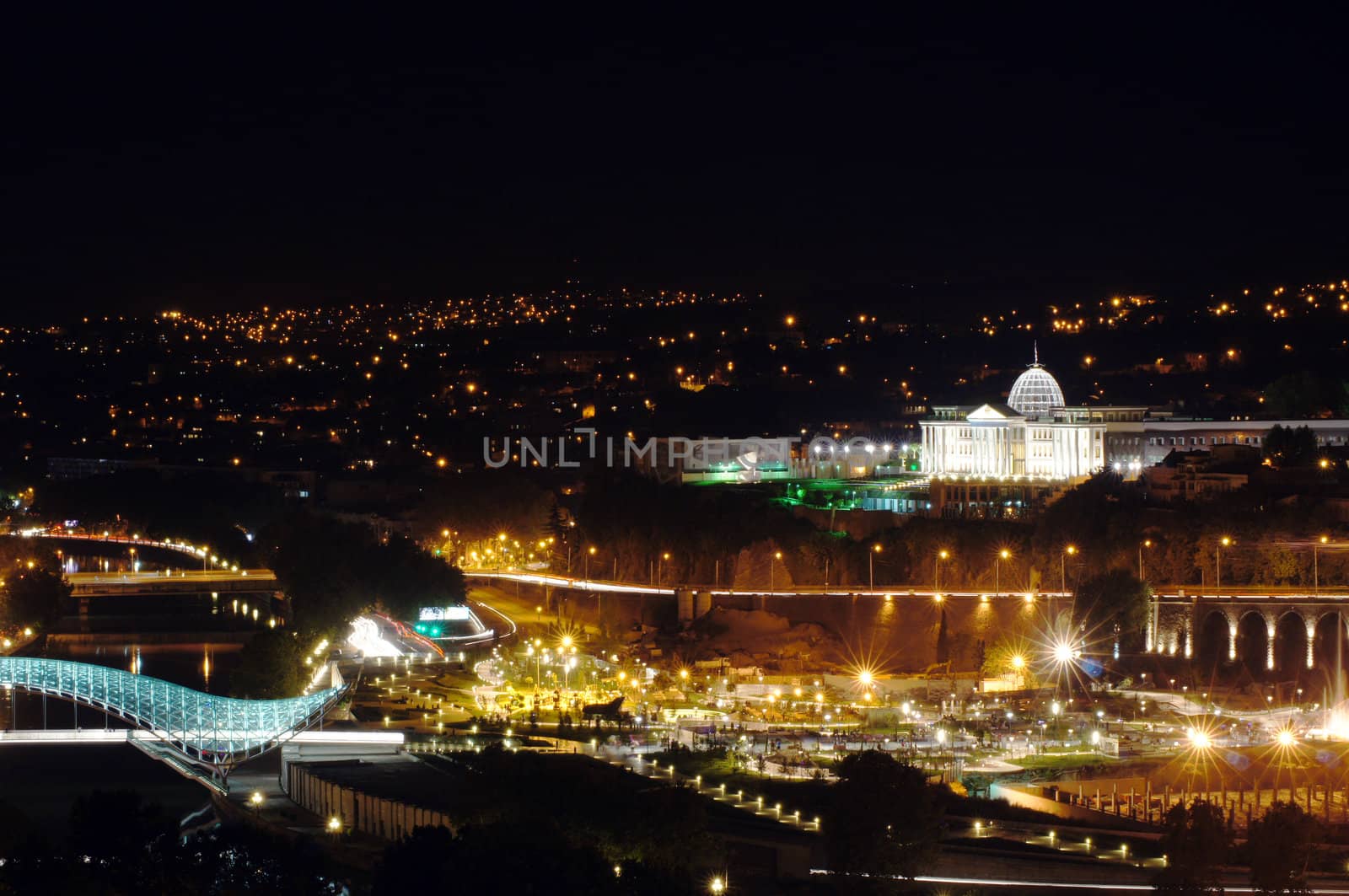 Night view of Tbilisi Old town with ancient churches, castle and president palace