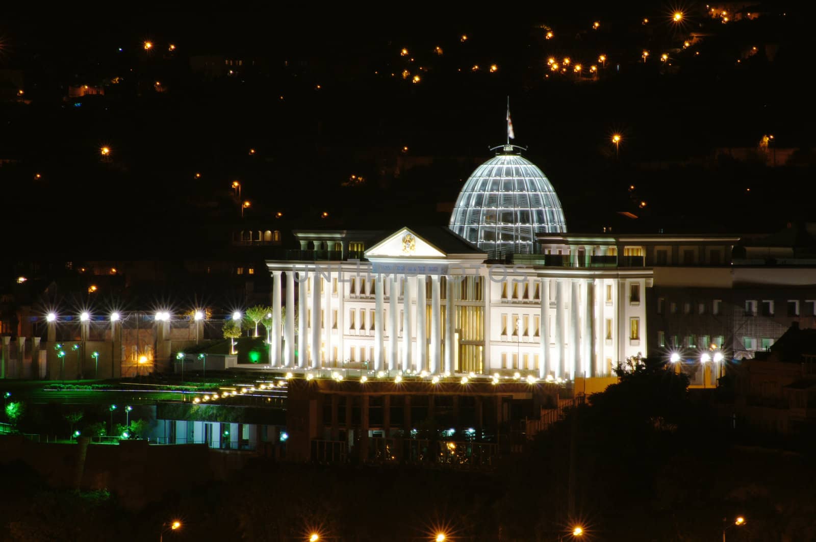 Night view of Tbilisi Old town with ancient churches, castle and president palace by Elet