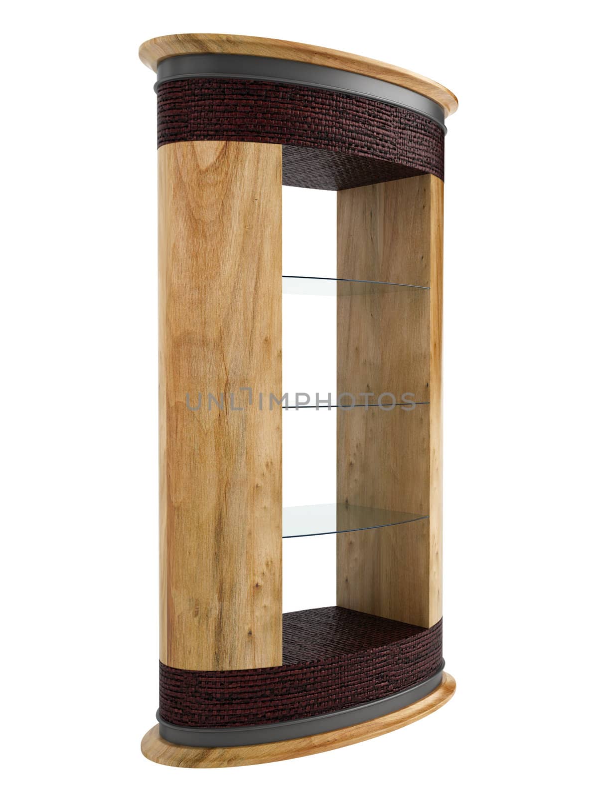 Wooden rack with glass shelves isolated on white background