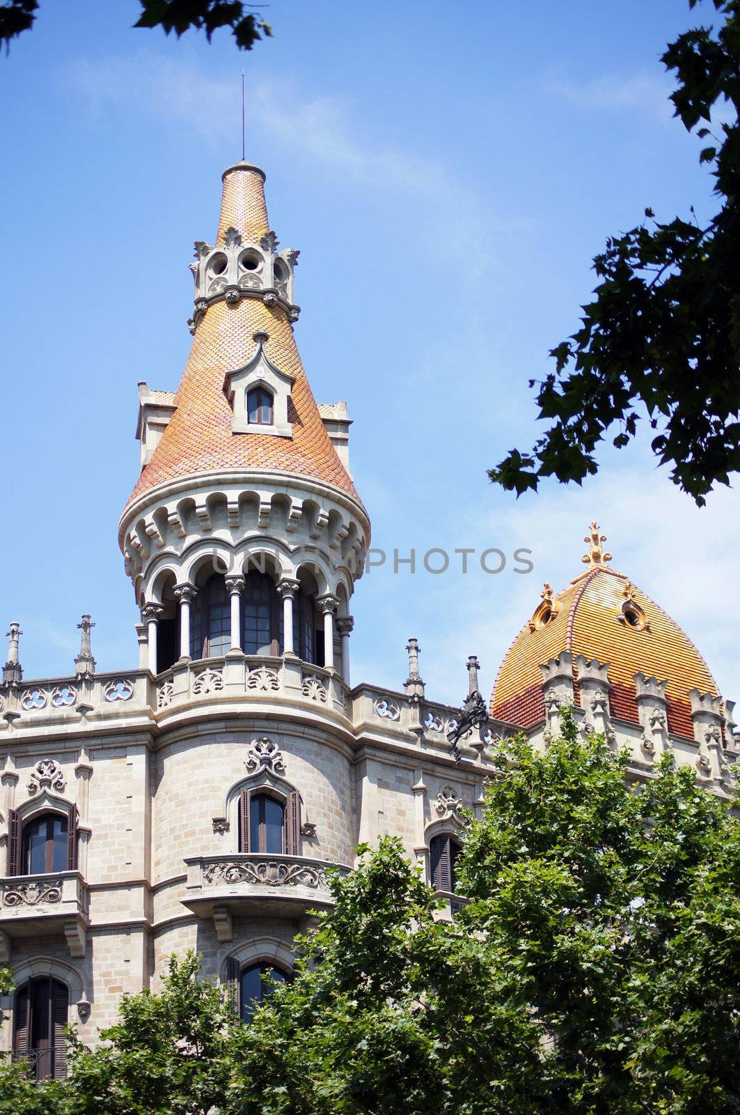 Facade of Barcelona buildings in center, Spain