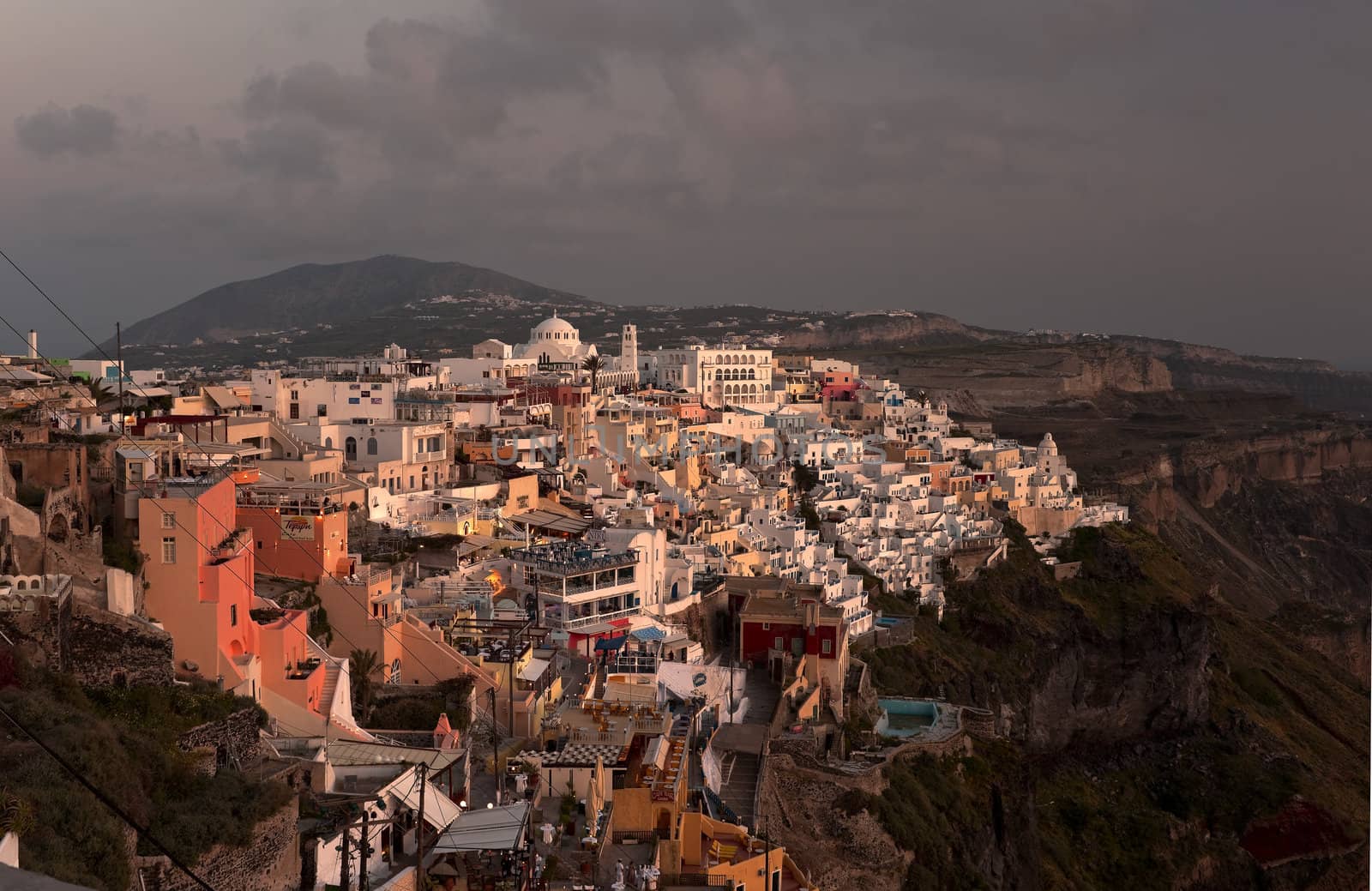 The capital of Santorini Thira in sunset beams