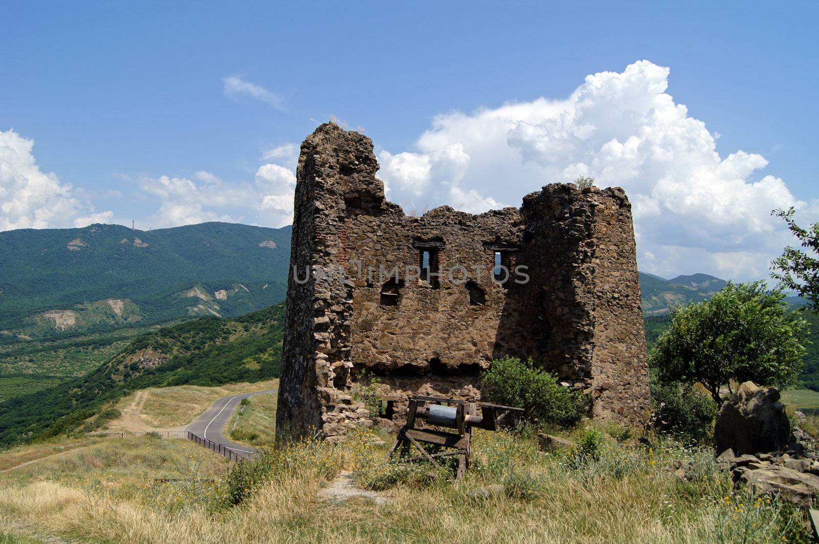 Exterior of ruins of Jvari, which is a Georgian Orthodox monastery of the 6th century near Mtskheta (World Heritage site) - the most famous symbol of georgiam christianity