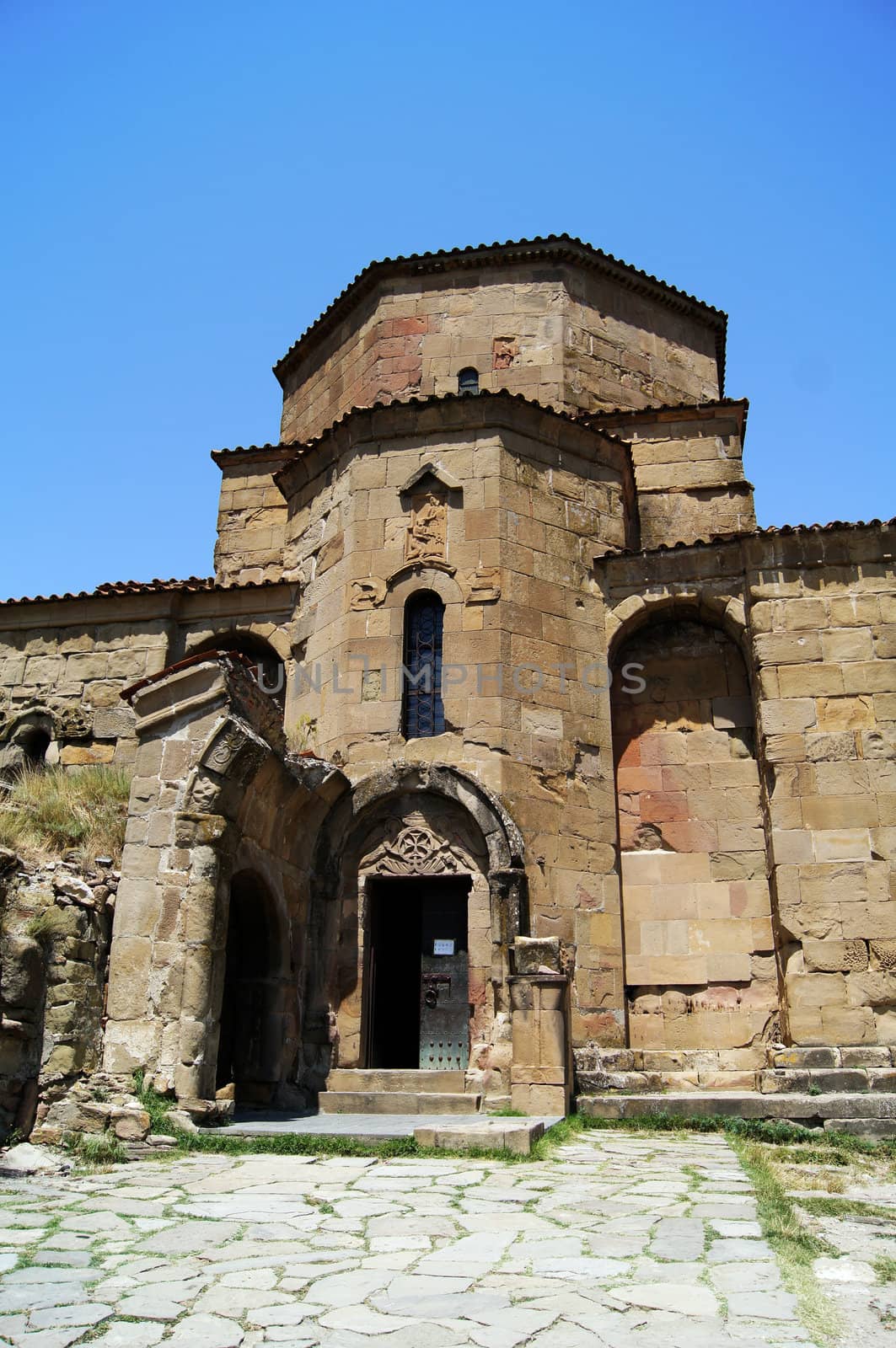 Exterior of ruins of Jvari, which is a Georgian Orthodox monastery of the 6th century near Mtskheta (World Heritage site) - the most famous symbol of georgiam christianity