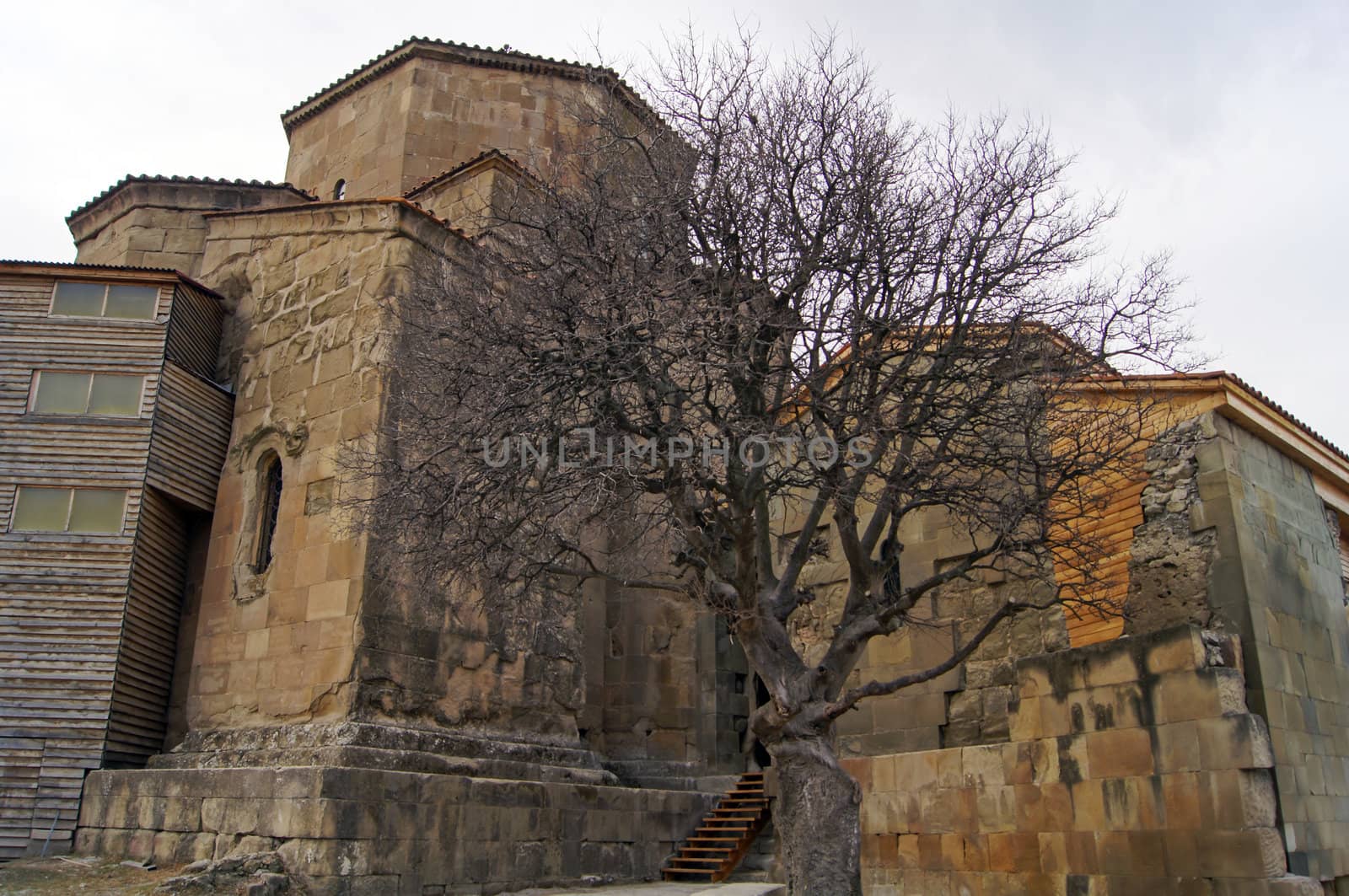 Exterior of ruins of Jvari, which is a Georgian Orthodox monastery of the 6th century near Mtskheta (World Heritage site) - the most famous symbol of georgiam christianity