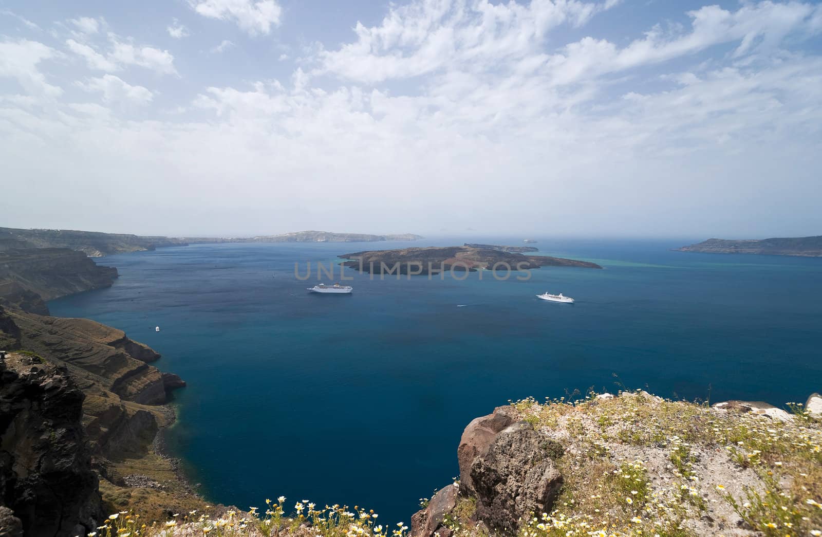 Caldera view in Santorini island with spring flowers and ships below
