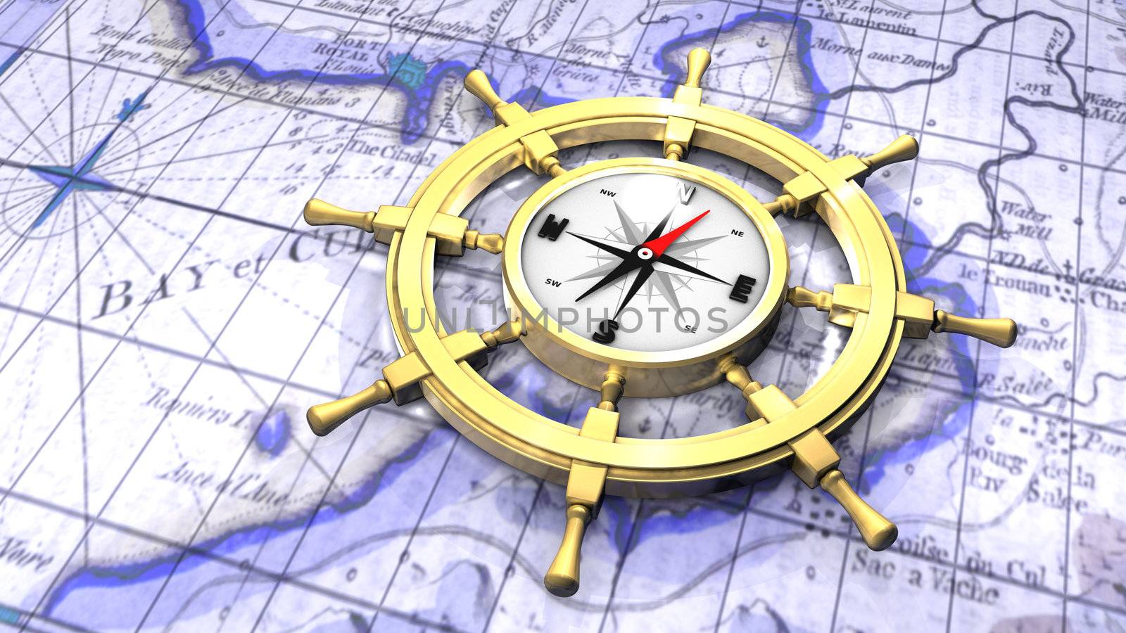 Compass in a ship's wheel over a map