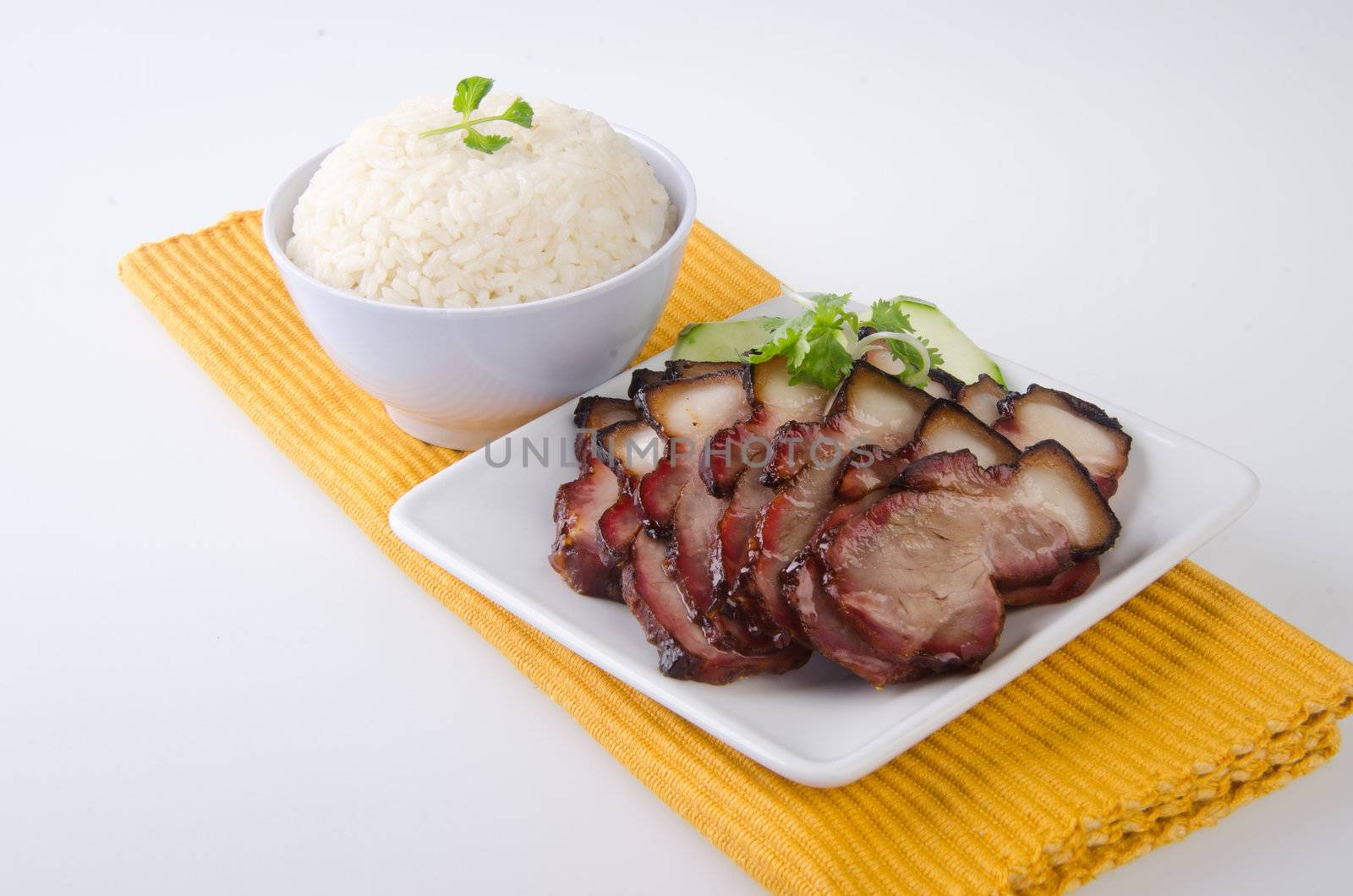 pork. BBQ Pork and Crispy Pork with Rice.