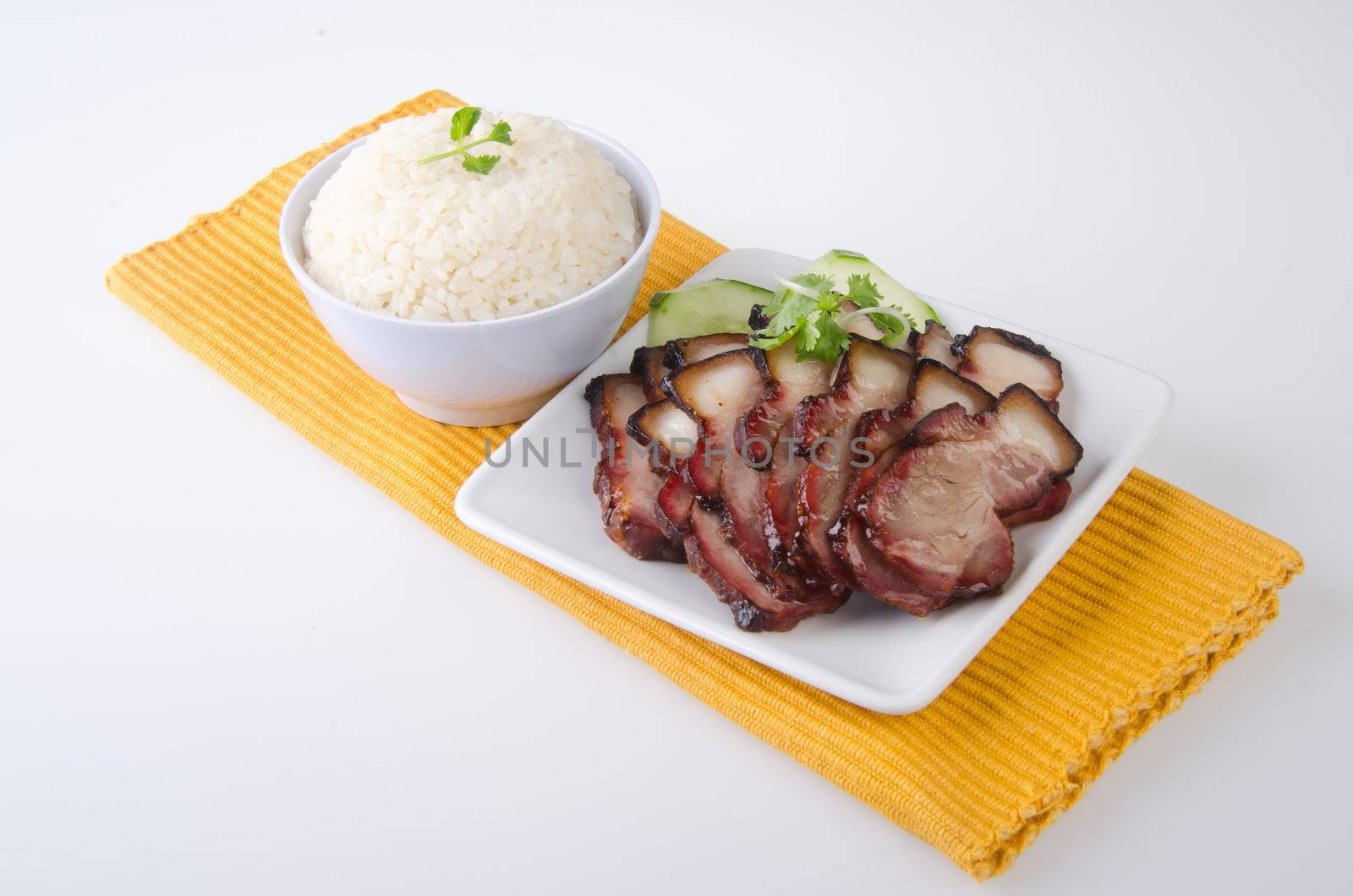 pork. BBQ Pork and Crispy Pork with Rice.