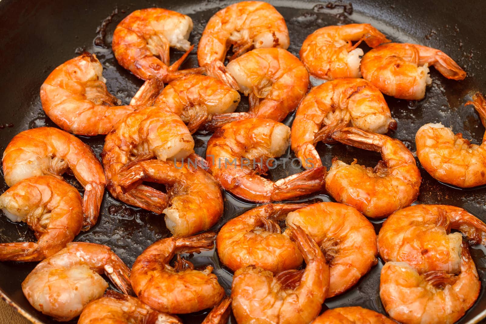 Fried King Prawns in a Frying Pan, closeup