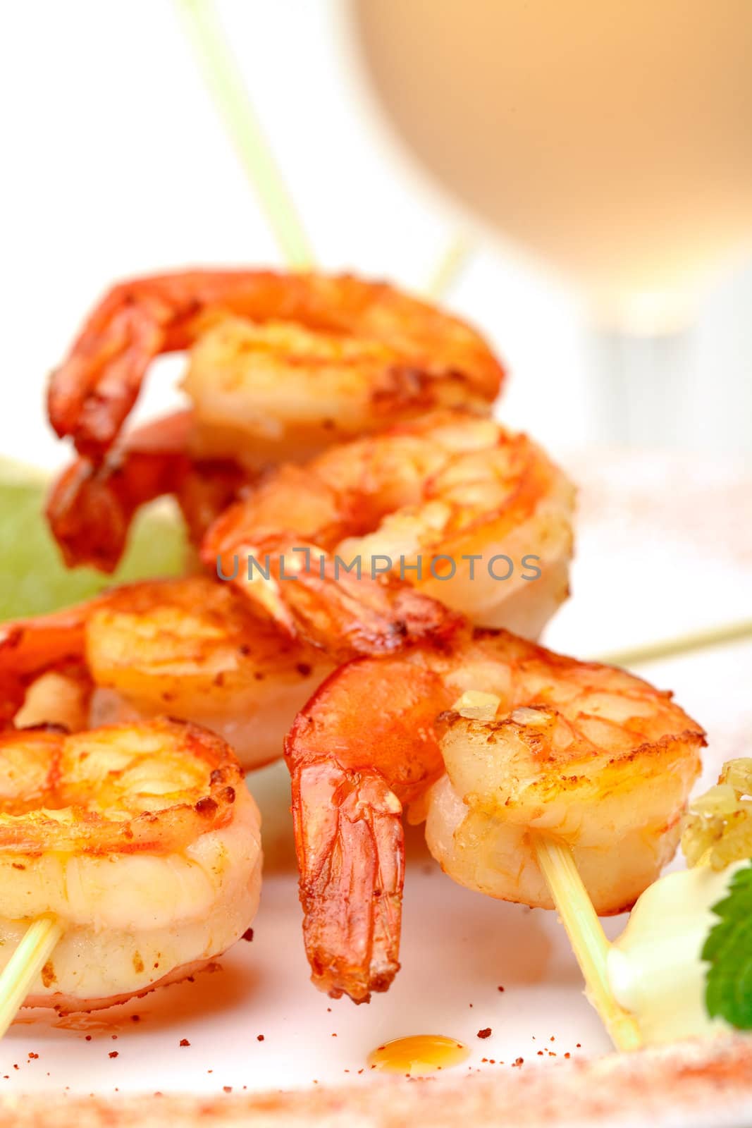 Fried King Prawns Served in Plate, closeup on white background