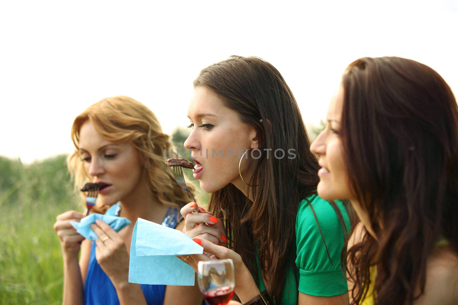 women drink wine on piknic