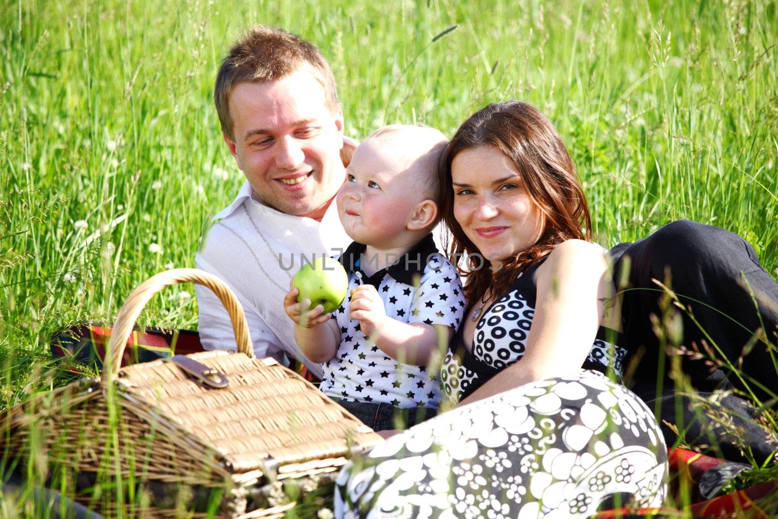  happy family on picnic in green grass