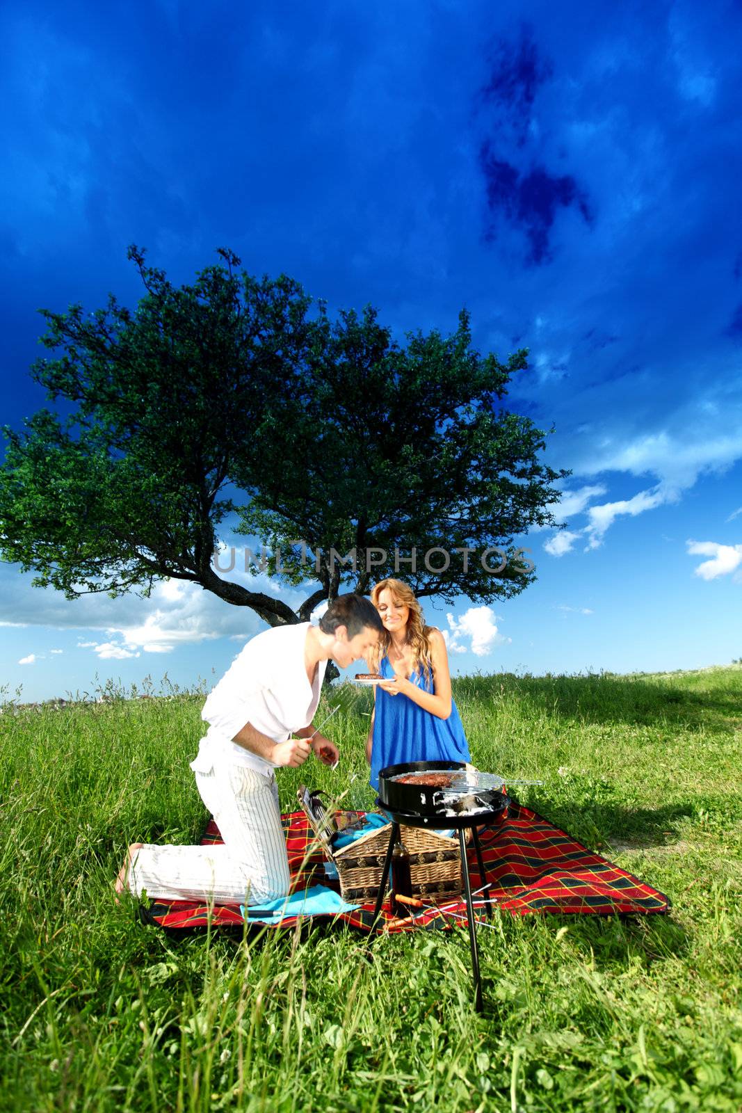 man and woman on picnic in green grass