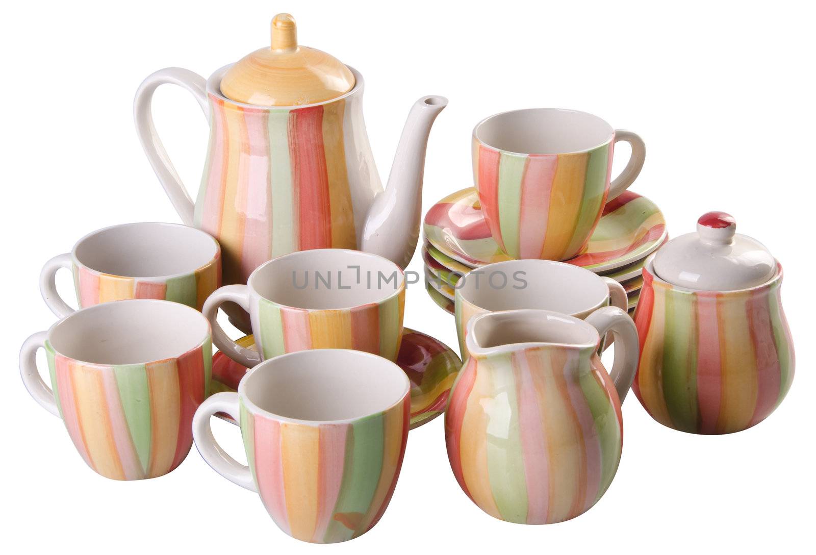 tea pot set, Porcelain tea pot and cup on white background by heinteh