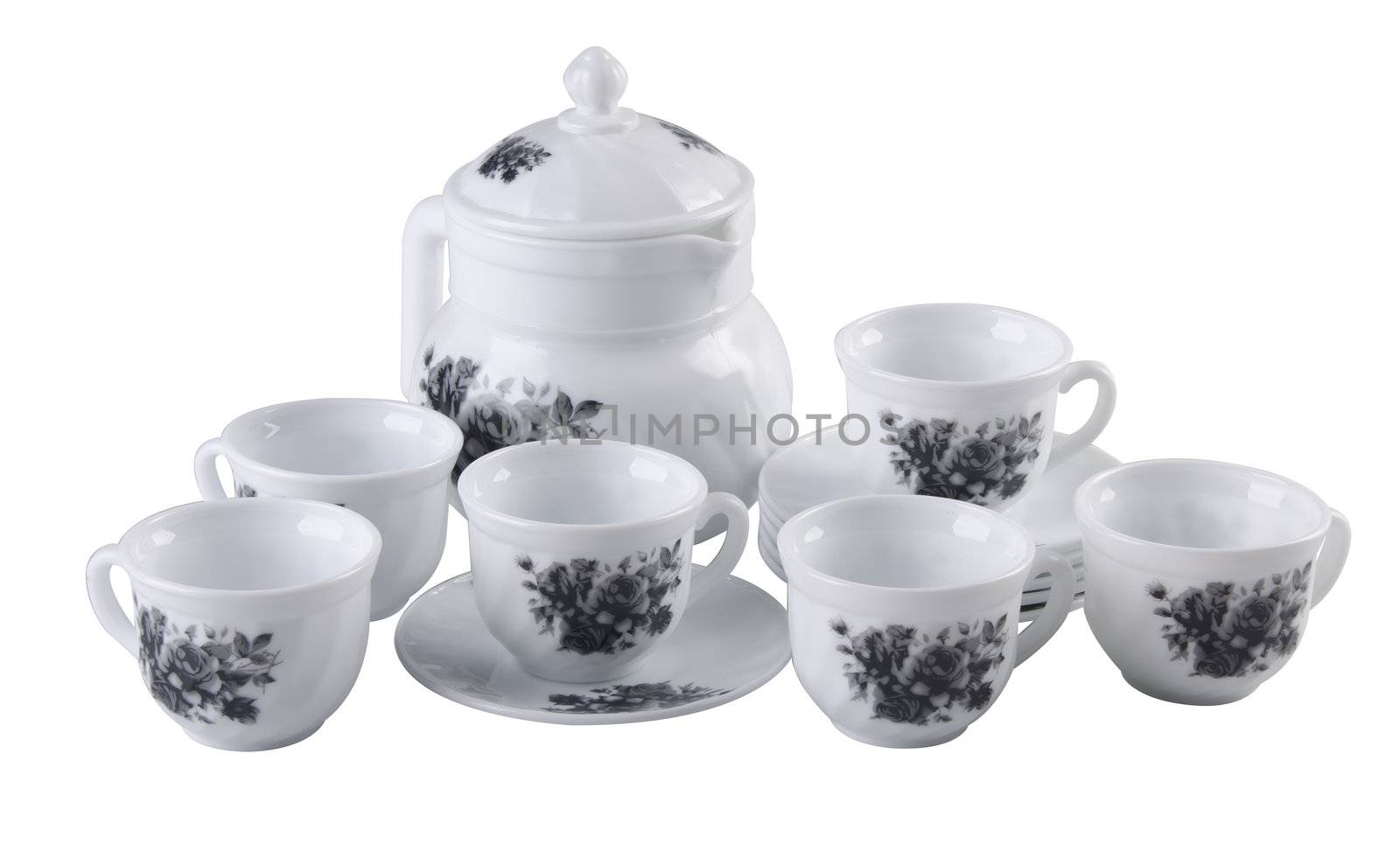 tea pot set, Porcelain tea pot and cup on white background by heinteh