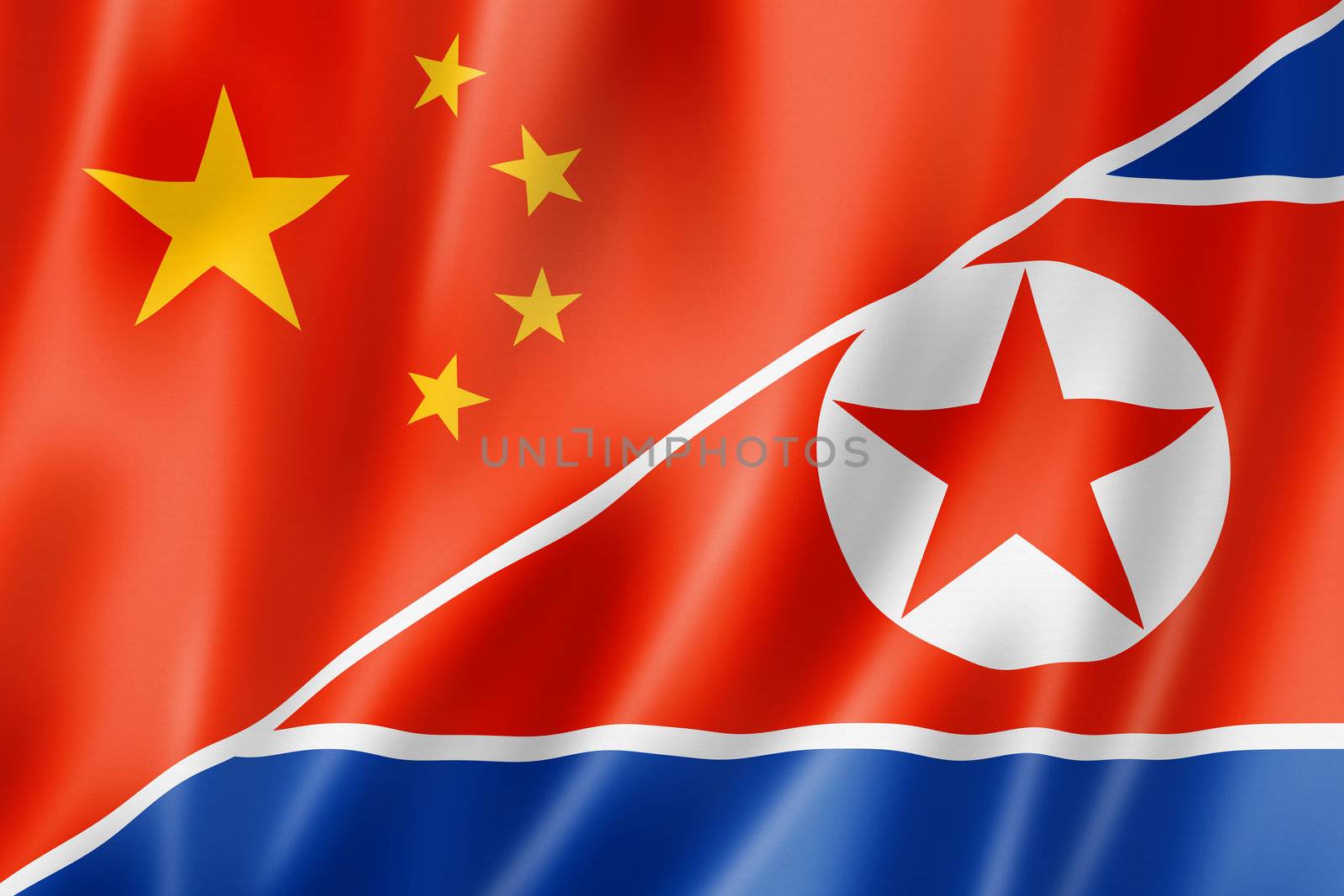 Mixed China and north korea flag, three dimensional render, illustration