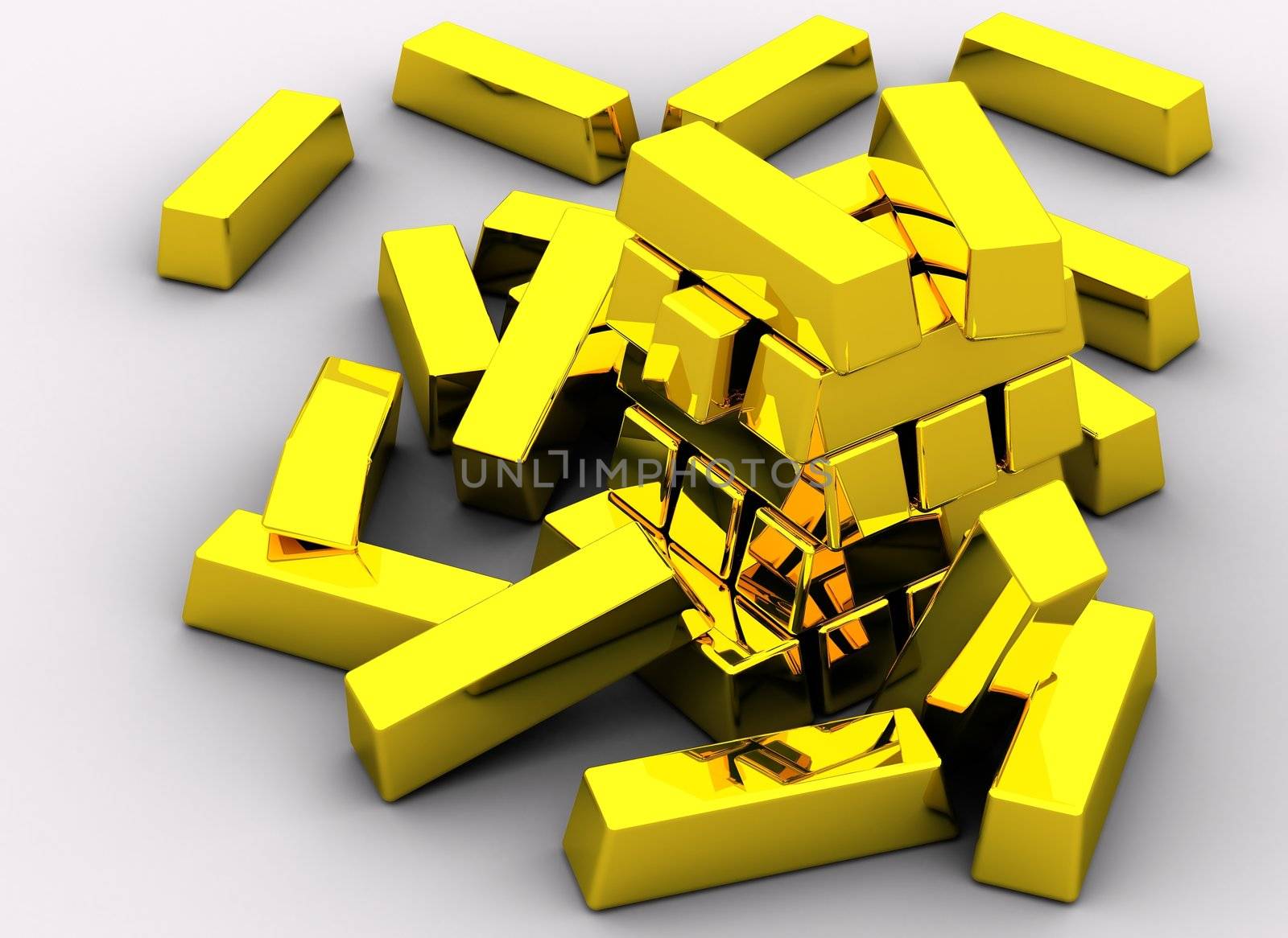 Concept of gold bars on white background.