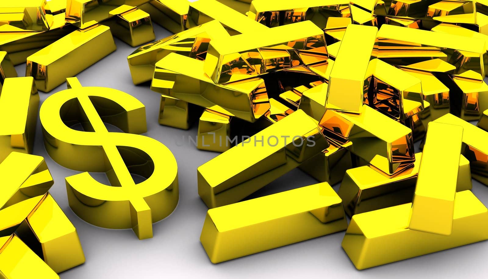 Concept of gold bars and golden dollar symbol on white background.