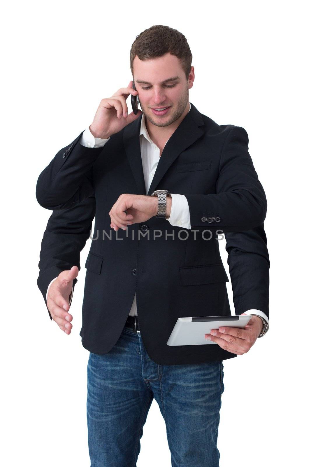 Young man multitasking on phone, watch, tablet, handshake in front of white isolated background