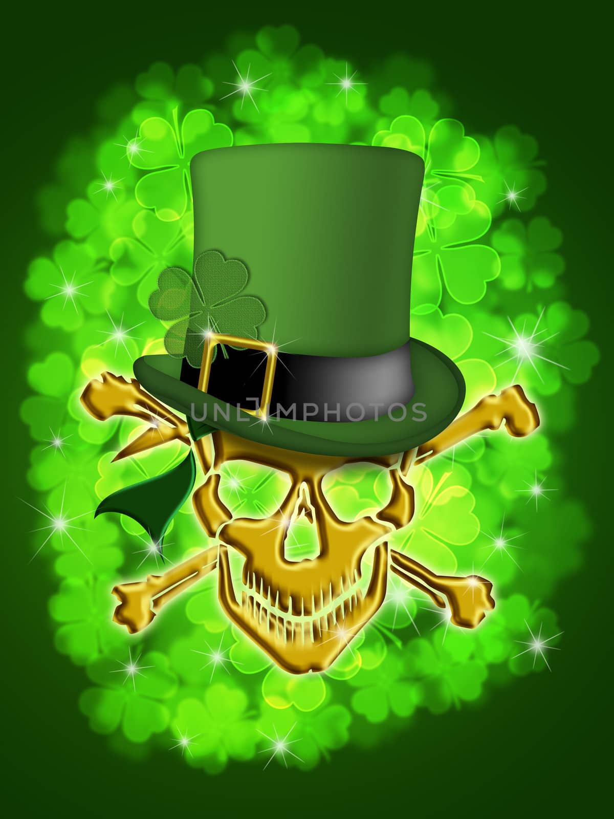 St Patricks Day Golden Skull with Leprechaun Hat with Shamrocks Bokeh Blurred Background Illustration