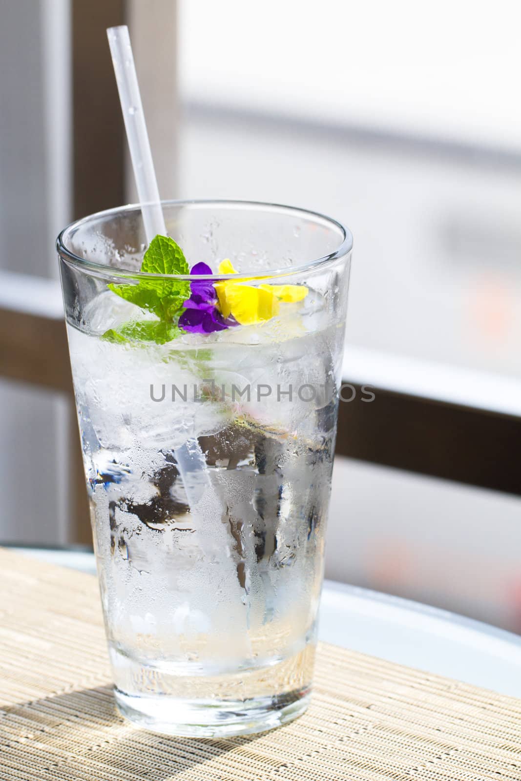 Glass of Ice cold water with  mint and flower Garnish