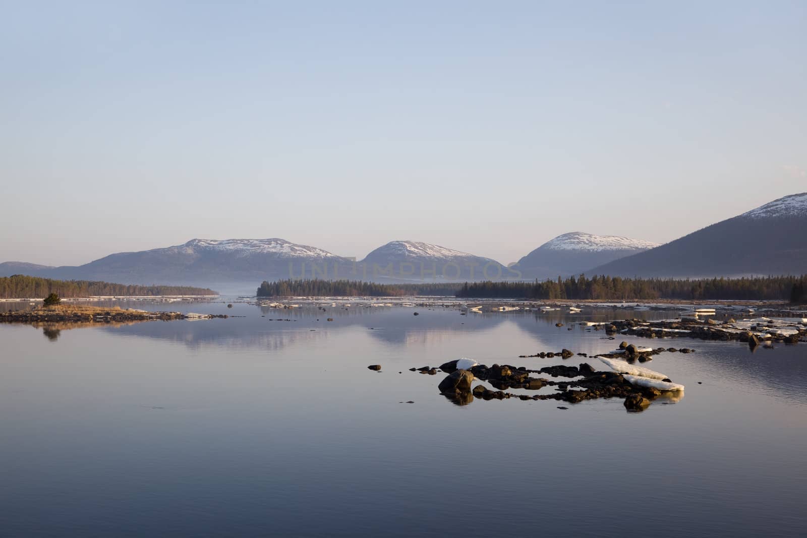 Seascape with a view of the islands and mountains.  Kandalaksha