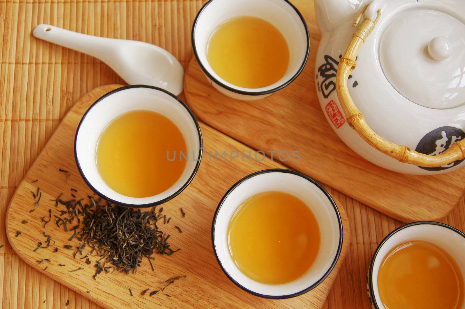 Closeup of set of China tea on bamboo mat