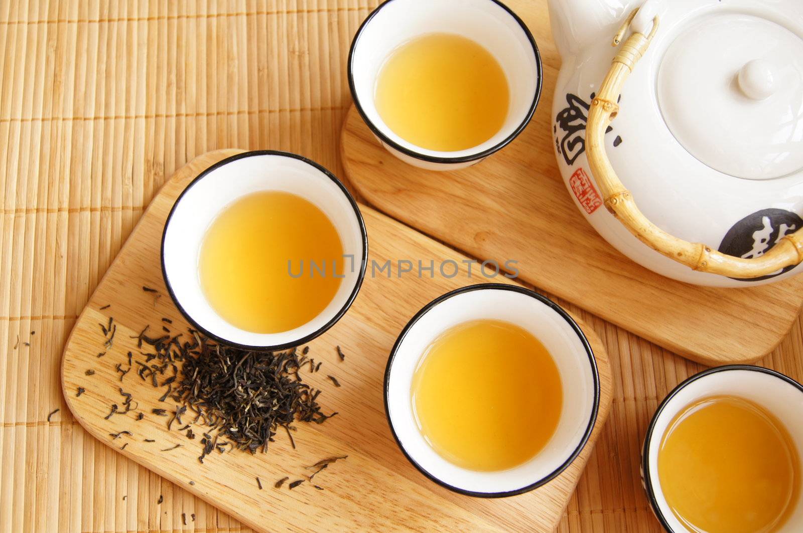 Closeup of set of China tea on bamboo mat by Elet