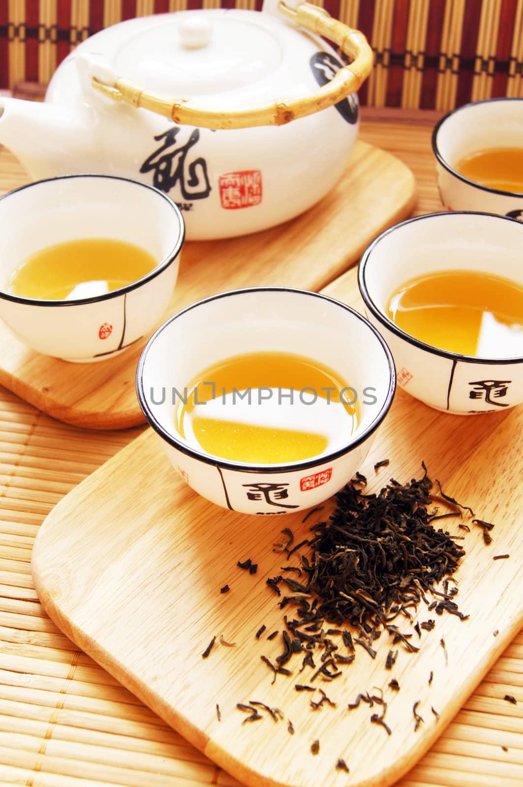 Closeup of set of China tea on bamboo mat