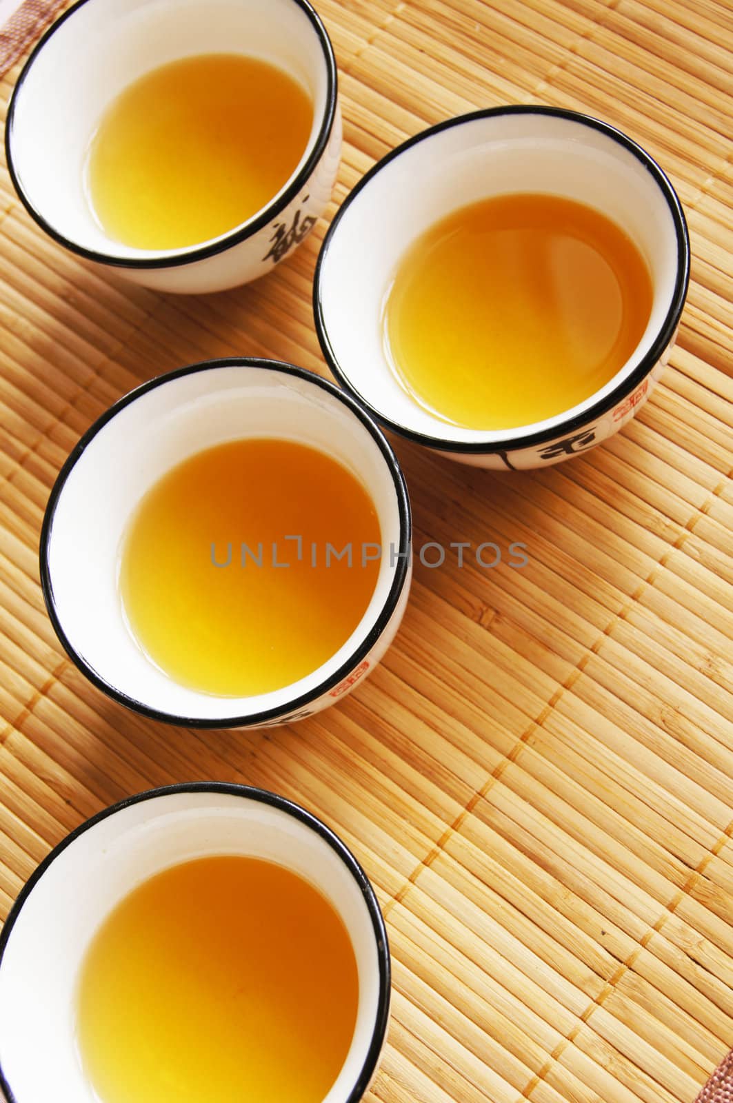 Closeup of set of China tea on bamboo mat