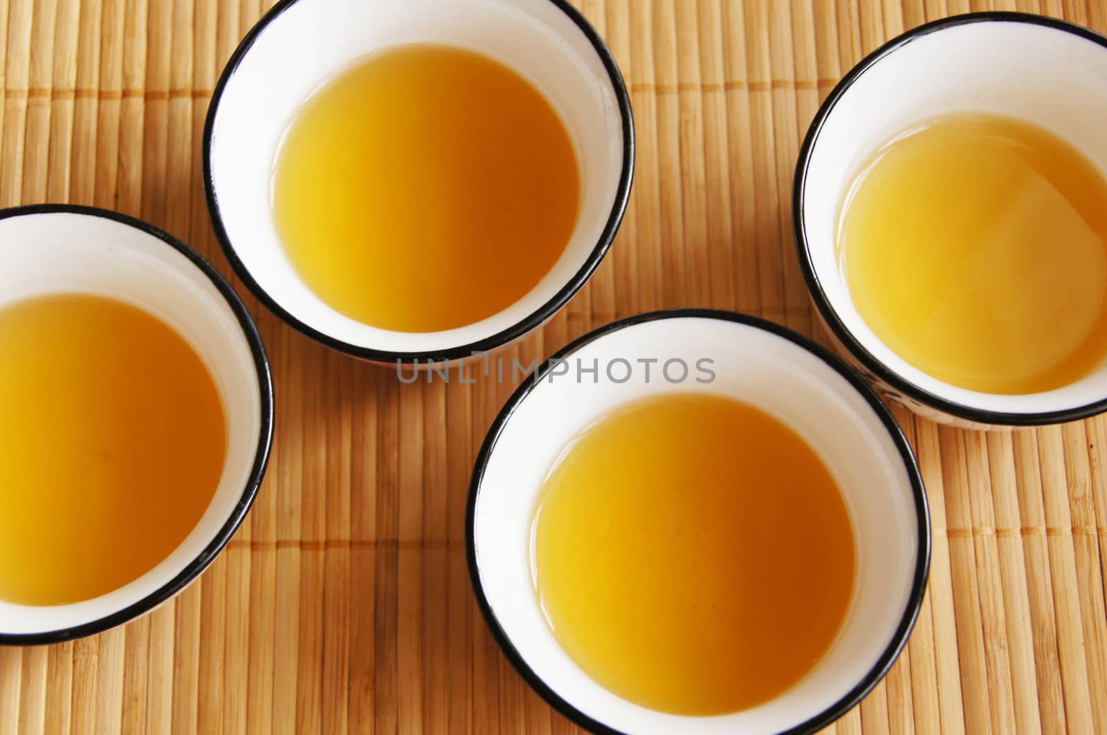 Closeup of set of China tea on bamboo mat by Elet