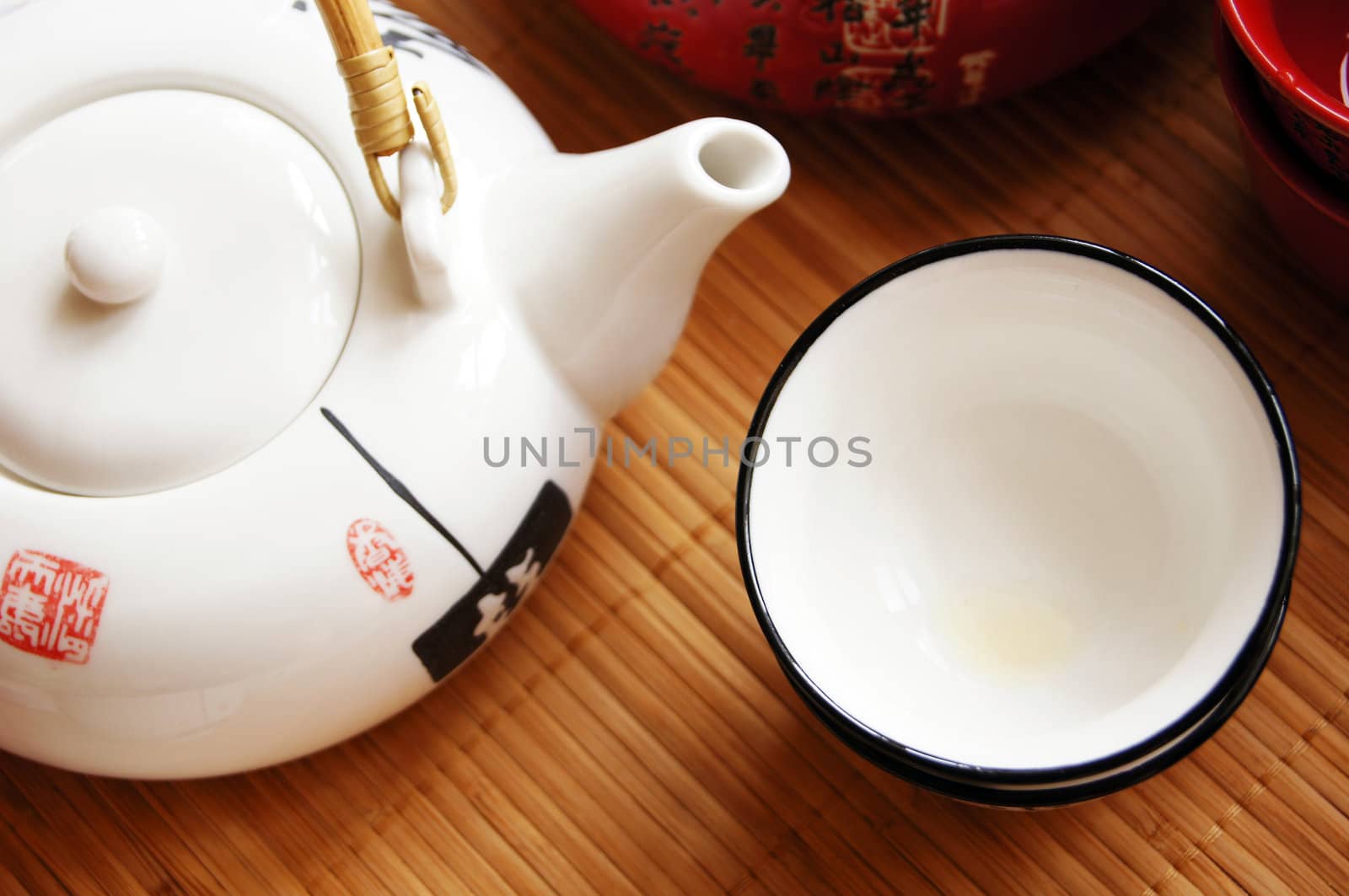 Closeup of set of China tea on bamboo mat by Elet