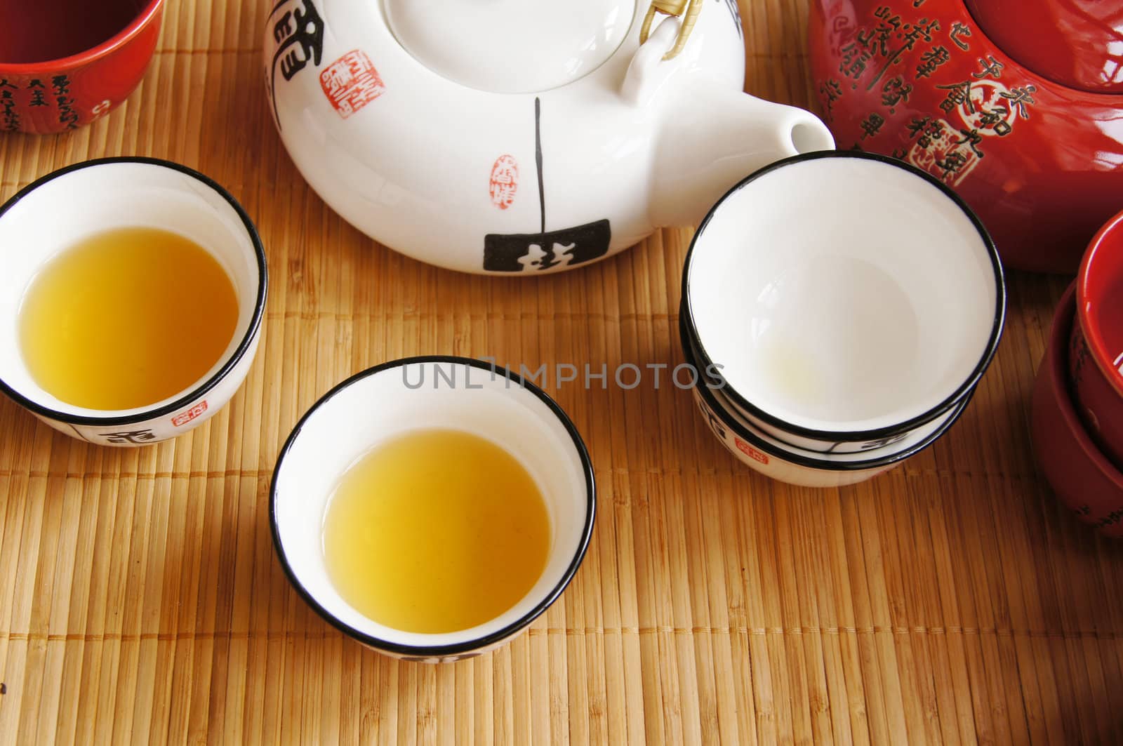 Closeup of set of China tea on bamboo mat by Elet